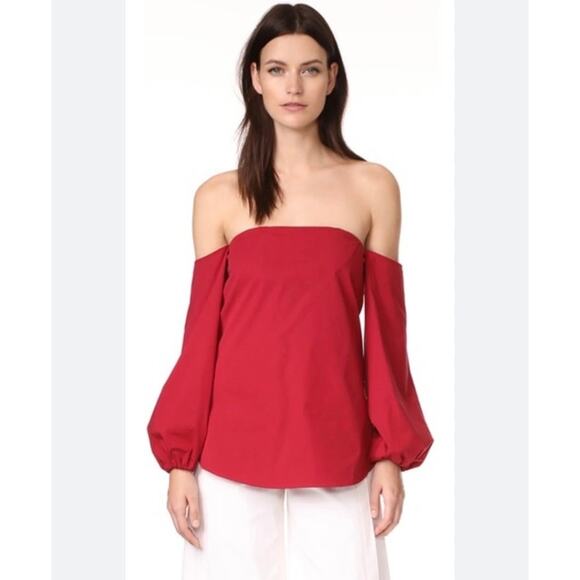 Theory Laureema Off The Shoulder Light Poplin Top in Crimson Red - Picture 1 of 10